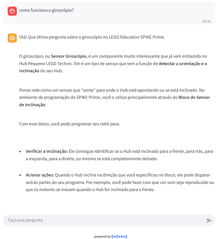 Exemplo real do chat assistente de inteligência artificial da N2VEC respondendo sobre conteúdo educacional